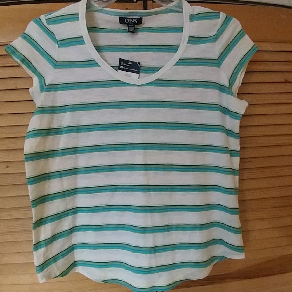 NWT CHAPS Turquoise & White Striped Top Tee M
